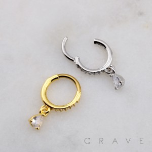 DANGLE TEARDROP CZ SEPTUM HINGED SEGMENT HOOP RING 316L SURGICAL STEEL 